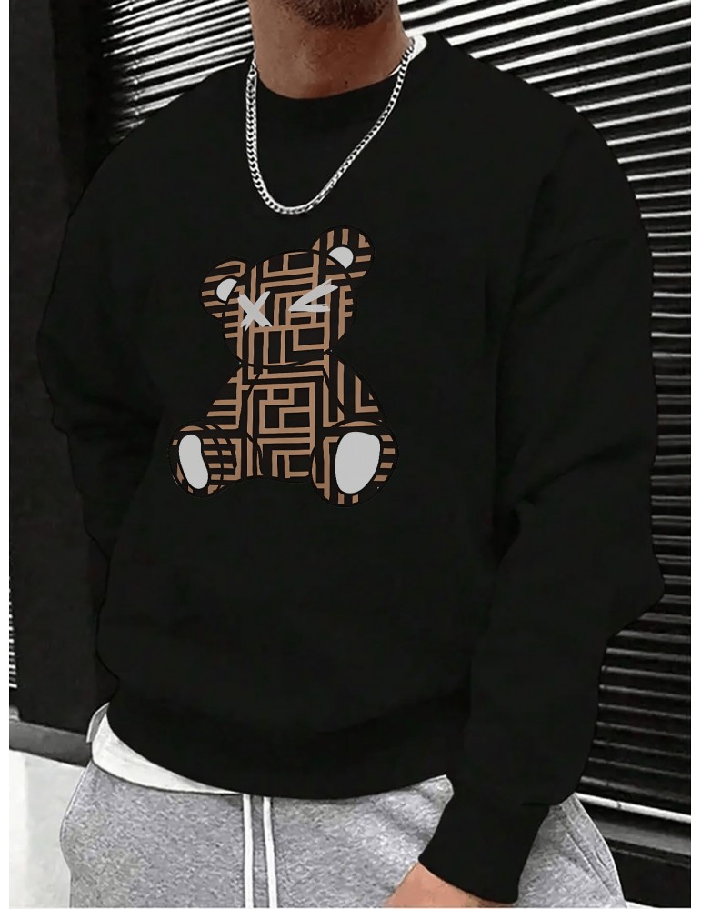 Men's bear and square graphic print 228839 round collar men's hoodie