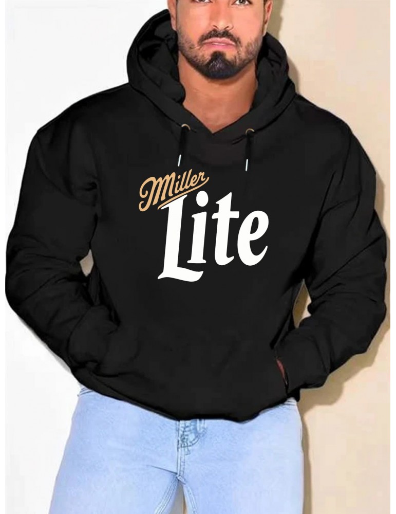 Plus Size Polyester Hoodie with Miller Lite Print, Casual Knit Fabric Hooded Sweatshirt with Slight Stretch, Regular Fit Alphabet Pattern Fashion Pullover