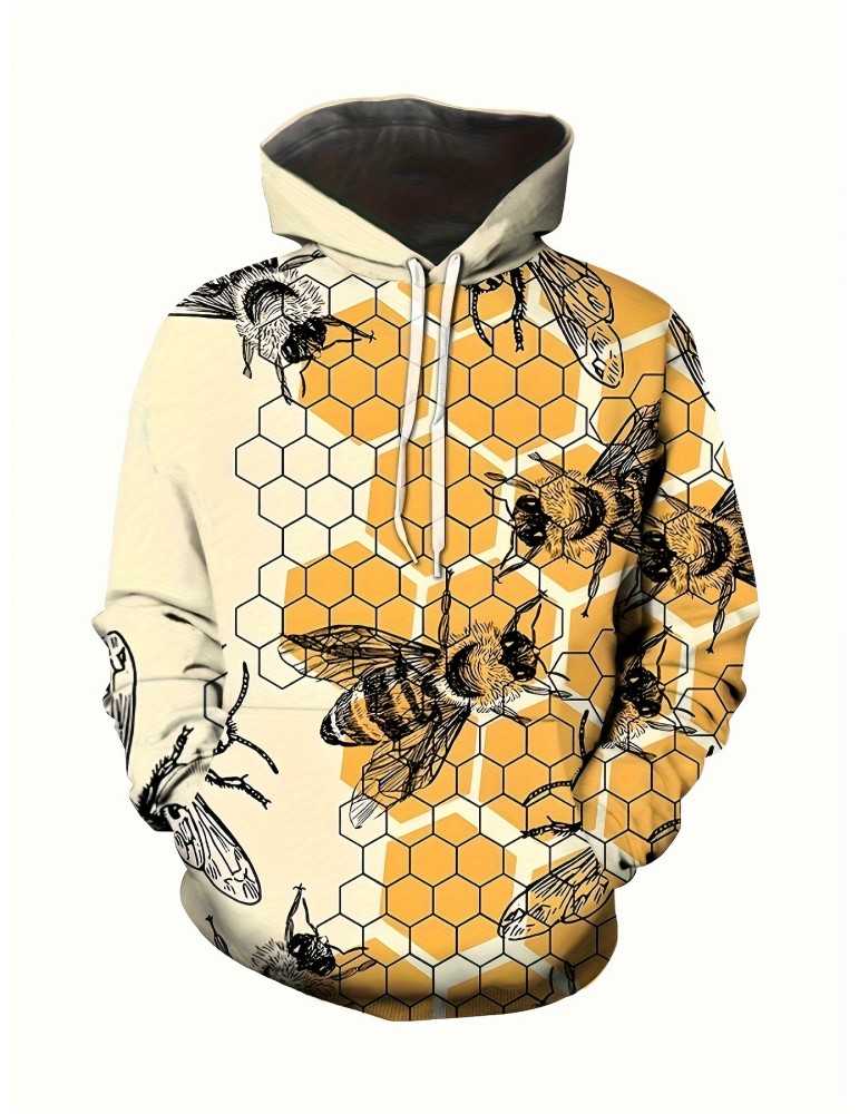 Men's Plus Size Hoodie With Trendy Bee Pattern - Casual Style