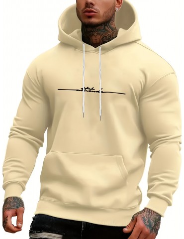 Seasonal Staple, Men's Casual Hoodie with Geometric Print - Long Sleeve, Kangaroo Pocket, Polyester Blend, Machine Washable, PLUS SIZE