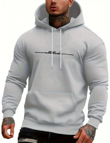 Seasonal Staple, Men's Casual Hoodie with Geometric Print - Long Sleeve, Kangaroo Pocket, Polyester Blend, Machine Washable, PLUS SIZE