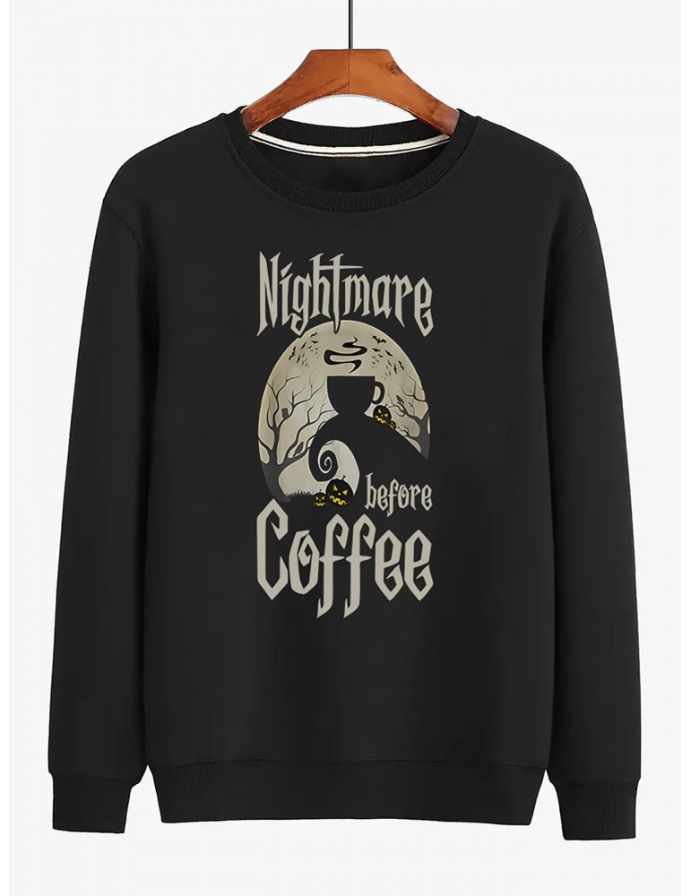 1pc Nightmare Before Coffee Print Crew Neck Sweatshirt - Casual French Terry Long Sleeve Top with Slight Stretch, Patterned Knit Fabric, Regular Fit for Autumn and Winter - Large Size, Plus Size