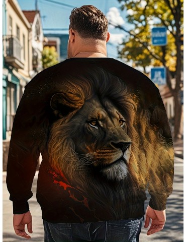 Men'S Plus Size 3D Lion Head Print Sweatshirt, Casual Stretch Knit Top, Round Neck, Regular Fit, Polyester, Animal Print, Sports Style, Autumn/Winter Fashion