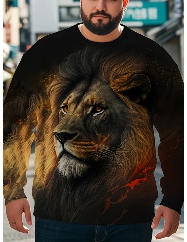 Men'S Plus Size 3D Lion Head Print Sweatshirt, Casual Stretch Knit Top, Round Neck, Regular Fit, Polyester, Animal Print, Sports Style, Autumn/Winter Fashion