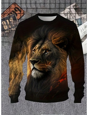 Men'S Plus Size 3D Lion Head Print Sweatshirt, Casual Stretch Knit Top, Round Neck, Regular Fit, Polyester, Animal Print, Sports Style, Autumn/Winter Fashion