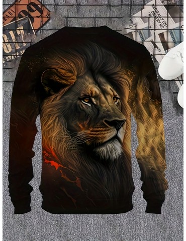 Men'S Plus Size 3D Lion Head Print Sweatshirt, Casual Stretch Knit Top, Round Neck, Regular Fit, Polyester, Animal Print, Sports Style, Autumn/Winter Fashion