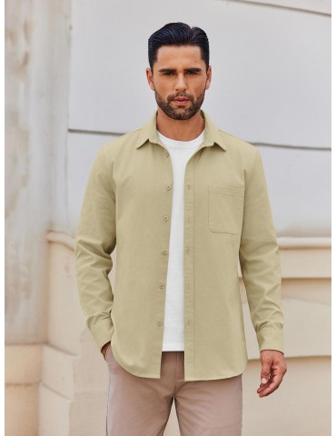 Men's Lightweight Cotton Shacket - Casual Button-Down Jacket with Pockets, Solid Color, Machine Washable, PLUS SIZE