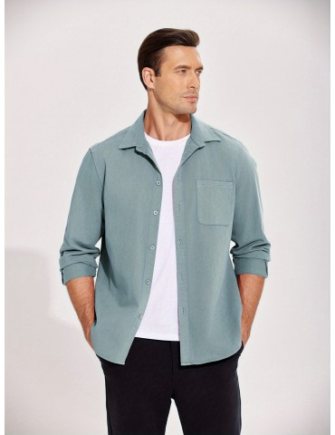 Men's Lightweight Cotton Shacket - Casual Button-Down Jacket with Pockets, Solid Color, Machine Washable, PLUS SIZE