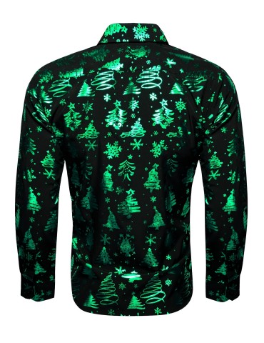 Plus Size Men's Christmas Shirt - Elegant Black Jacquard with Green Santa & Trees Design, Long Sleeve, Button-Up Collar - Perfect for Holiday Parties, PLUS SIZE