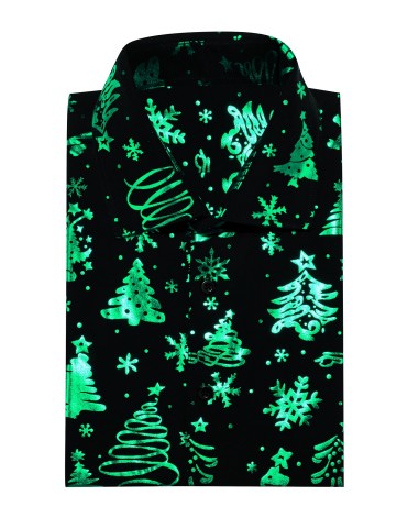 Plus Size Men's Christmas Shirt - Elegant Black Jacquard with Green Santa & Trees Design, Long Sleeve, Button-Up Collar - Perfect for Holiday Parties, PLUS SIZE