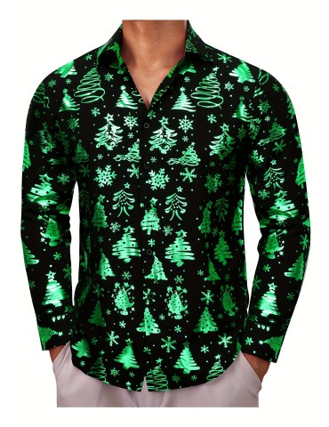 Plus Size Men's Christmas Shirt - Elegant Black Jacquard with Green Santa & Trees Design, Long Sleeve, Button-Up Collar - Perfect for Holiday Parties, PLUS SIZE