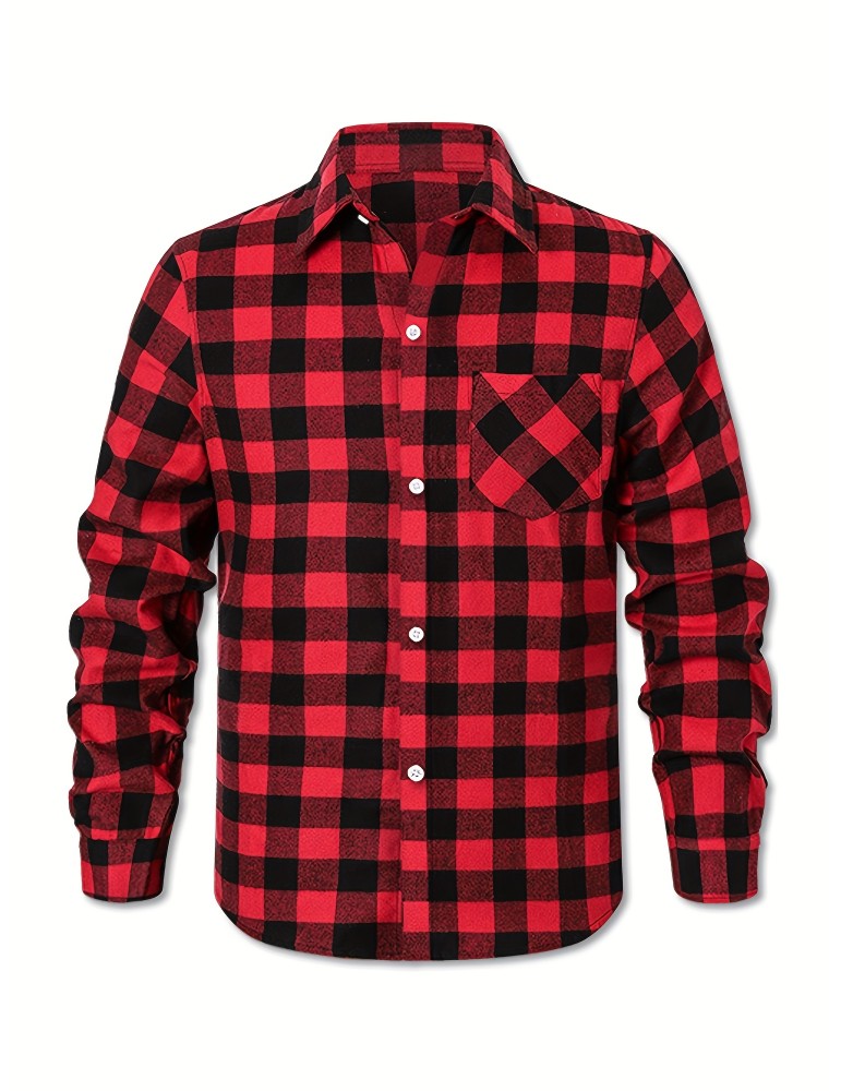 Plus Size Men's Casual Long Sleeve Button Down Shirt Fashion Classic Buffalo Plaid Flannel Top