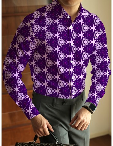 Men's Plus Size Bohemian Style Shirt with Geometric Pattern - Polyester & Spandex Blend, Flap Collar, Hand Wash/Dry Clean, Contrast Colors, PLUS SIZE