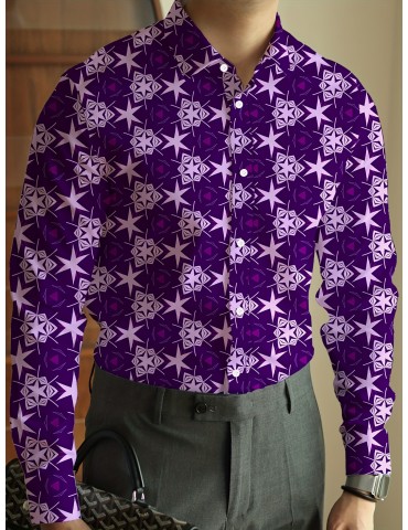 Men's Plus Size Bohemian Style Shirt with Geometric Pattern - Polyester & Spandex Blend, Flap Collar, Hand Wash/Dry Clean, Contrast Colors, PLUS SIZE