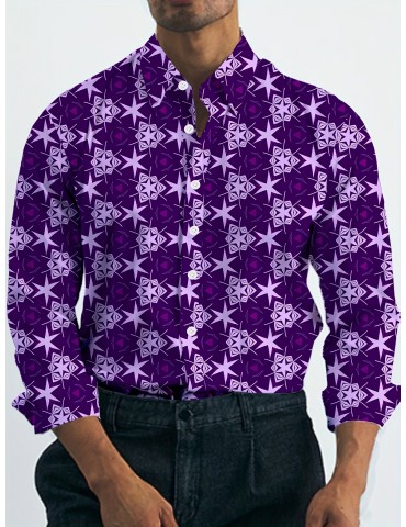 Men's Plus Size Bohemian Style Shirt with Geometric Pattern - Polyester & Spandex Blend, Flap Collar, Hand Wash/Dry Clean, Contrast Colors, PLUS SIZE