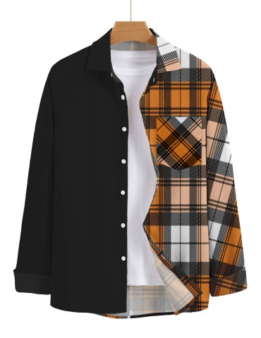 Plus Size Men's Lapel Button Color Block Long Sleeve Shirt, Comfortable Shirts Jackets