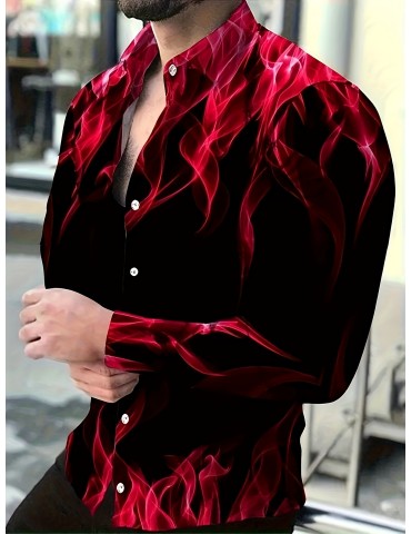 Plus Size Men's Long Sleeve Shirt With Flame Print, Comfortable Breathable And Versatile For Spring/Fall