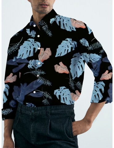 Men's Plus Size Floral Print Shirt - Casual Long Sleeve, Button-Up with Turn-Down Collar, Polyester Blend, Non-Stretch Fabric for Spring/Fall, PLUS SIZE