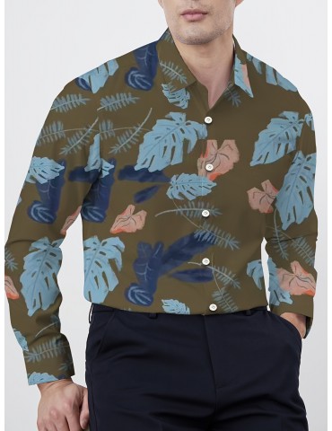 Men's Plus Size Floral Print Shirt - Casual Long Sleeve, Button-Up with Turn-Down Collar, Polyester Blend, Non-Stretch Fabric for Spring/Fall, PLUS SIZE