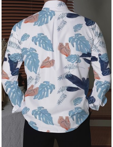 Men's Plus Size Floral Print Shirt - Casual Long Sleeve, Button-Up with Turn-Down Collar, Polyester Blend, Non-Stretch Fabric for Spring/Fall, PLUS SIZE