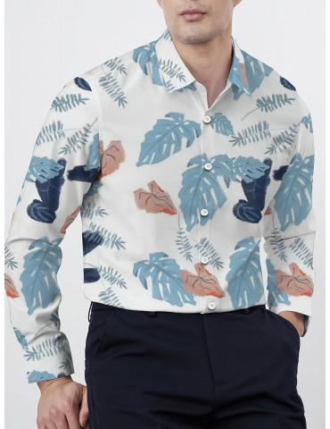 Men's Plus Size Floral Print Shirt - Casual Long Sleeve, Button-Up with Turn-Down Collar, Polyester Blend, Non-Stretch Fabric for Spring/Fall, PLUS SIZE