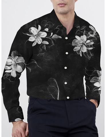 Men's Plus Size Floral Print Shirt - Casual Long Sleeve, Button-Up with Turn-Down Collar, Polyester Blend, Non-Stretch Fabric for Spring/Fall, PLUS SIZE