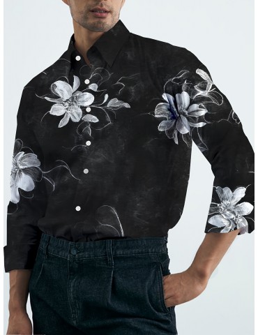 Men's Plus Size Floral Print Shirt - Casual Long Sleeve, Button-Up with Turn-Down Collar, Polyester Blend, Non-Stretch Fabric for Spring/Fall, PLUS SIZE