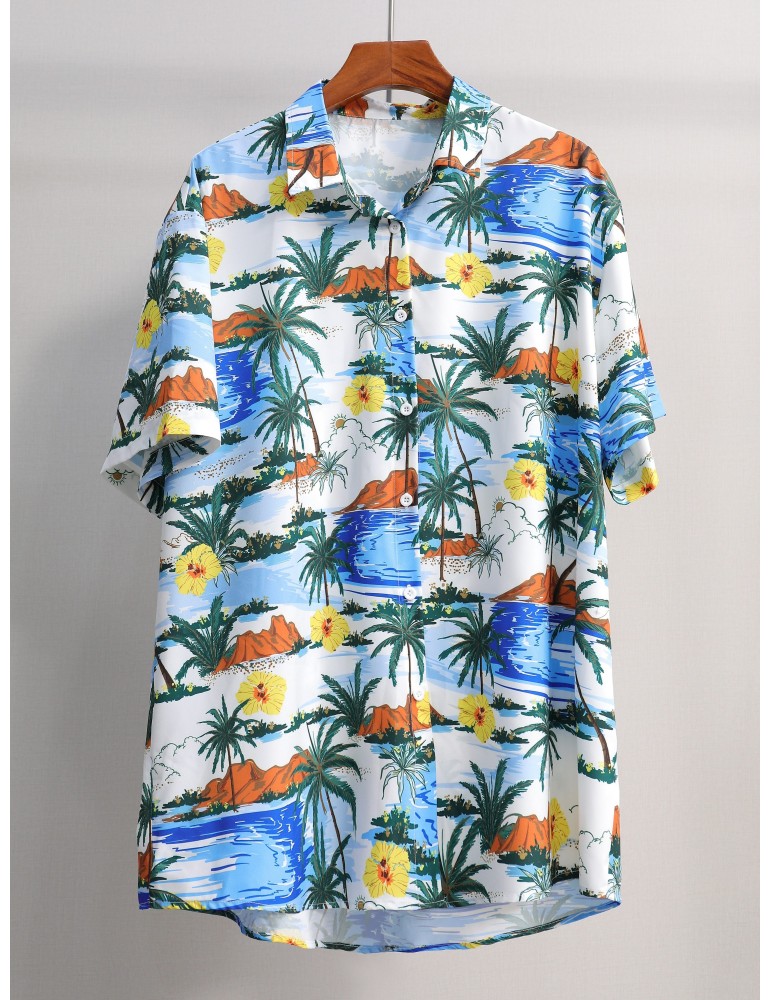 Plus Size Men's Fashion Casual Shirt 3D Coastal Shining Print Shirt Oversized Short Sleeve Hawaiian Tops For Summer, Men's Clothing