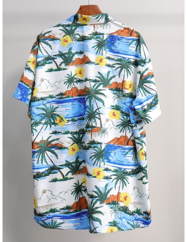 Plus Size Men's Fashion Casual Shirt 3D Coastal Shining Print Shirt Oversized Short Sleeve Hawaiian Tops For Summer, Men's Clothing