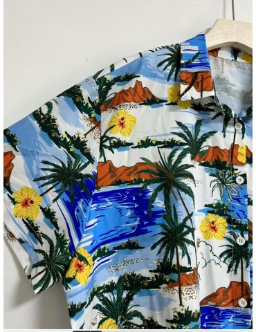 Plus Size Men's Fashion Casual Shirt 3D Coastal Shining Print Shirt Oversized Short Sleeve Hawaiian Tops For Summer, Men's Clothing