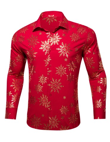 Yuletide Glow, Plus Size Men's Christmas Shirt - Festive Red & Golden Snowflake Design, Polyester, Button-Up Collar, Perfect for Holiday Parties, PLUS SIZE