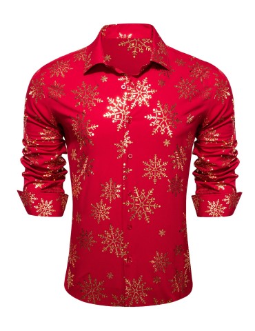 Yuletide Glow, Plus Size Men's Christmas Shirt - Festive Red & Golden Snowflake Design, Polyester, Button-Up Collar, Perfect for Holiday Parties, PLUS SIZE