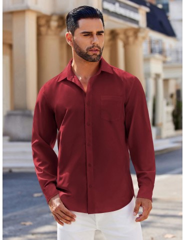 Men's Classic Long Sleeve Button-Down Shirt - Casual & Formal, Solid Color, Polyester, Perfect for Beach Weddings & Spring/Fall, PLUS SIZE