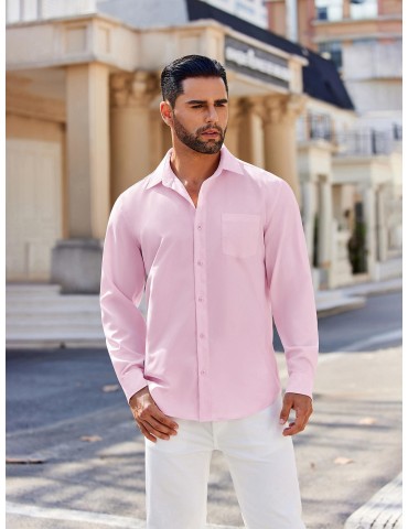 Men's Classic Long Sleeve Button-Down Shirt - Casual & Formal, Solid Color, Polyester, Perfect for Beach Weddings & Spring/Fall, PLUS SIZE