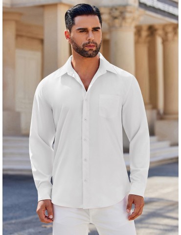 Men's Classic Long Sleeve Button-Down Shirt - Casual & Formal, Solid Color, Polyester, Perfect for Beach Weddings & Spring/Fall, PLUS SIZE