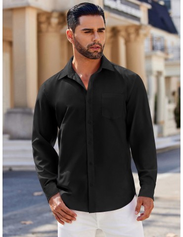 Men's Classic Long Sleeve Button-Down Shirt - Casual & Formal, Solid Color, Polyester, Perfect for Beach Weddings & Spring/Fall, PLUS SIZE