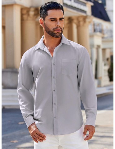 Men's Classic Long Sleeve Button-Down Shirt - Casual & Formal, Solid Color, Polyester, Perfect for Beach Weddings & Spring/Fall, PLUS SIZE