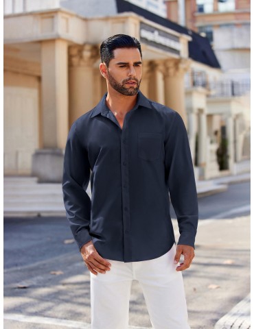 Men's Classic Long Sleeve Button-Down Shirt - Casual & Formal, Solid Color, Polyester, Perfect for Beach Weddings & Spring/Fall, PLUS SIZE