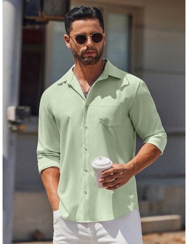 Men's Classic Long Sleeve Button-Down Shirt - Casual & Formal, Solid Color, Polyester, Perfect for Beach Weddings & Spring/Fall, PLUS SIZE