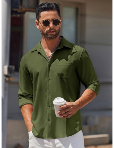 Men's Classic Long Sleeve Button-Down Shirt - Casual & Formal, Solid Color, Polyester, Perfect for Beach Weddings & Spring/Fall, PLUS SIZE