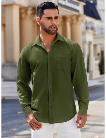 Men's Classic Long Sleeve Button-Down Shirt - Casual & Formal, Solid Color, Polyester, Perfect for Beach Weddings & Spring/Fall, PLUS SIZE