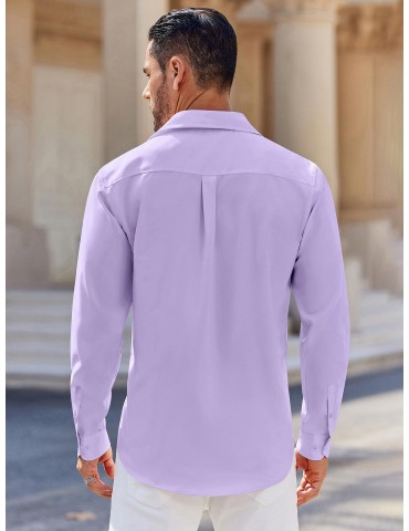 Men's Classic Long Sleeve Button-Down Shirt - Casual & Formal, Solid Color, Polyester, Perfect for Beach Weddings & Spring/Fall, PLUS SIZE