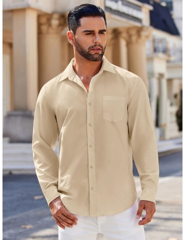 Men's Classic Long Sleeve Button-Down Shirt - Casual & Formal, Solid Color, Polyester, Perfect for Beach Weddings & Spring/Fall, PLUS SIZE