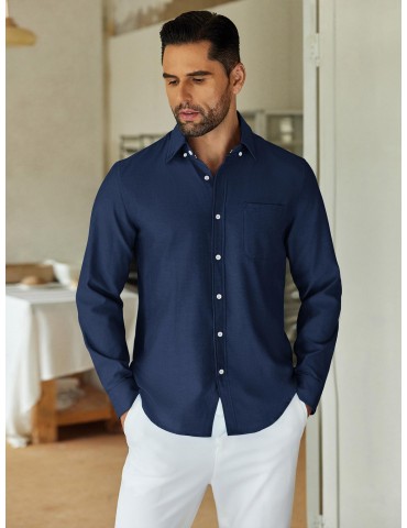 Men'S Plus Size Cotton Oxford Casual Shirts - Long Sleeve, Regular Fit, Non-Stretch, Solid Color, with Button Details and Pocket, for Work Style, Spring/Fall