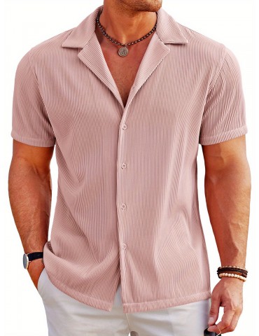 Men's Slim Fit Casual Button-Down Shirt - Short Sleeve, Solid Color, Breathable Polyester - Perfect for Beach & Summer Outings, PLUS SIZE