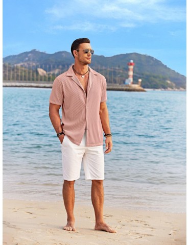 Men's Slim Fit Casual Button-Down Shirt - Short Sleeve, Solid Color, Breathable Polyester - Perfect for Beach & Summer Outings, PLUS SIZE