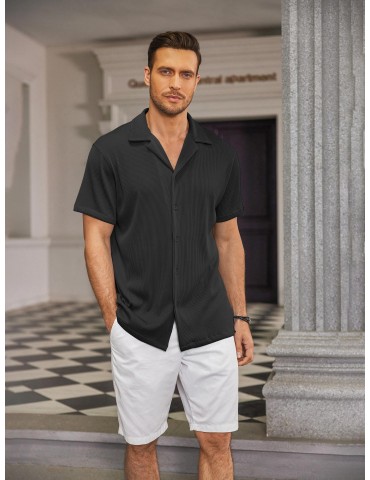 Men's Slim Fit Casual Button-Down Shirt - Short Sleeve, Solid Color, Breathable Polyester - Perfect for Beach & Summer Outings, PLUS SIZE