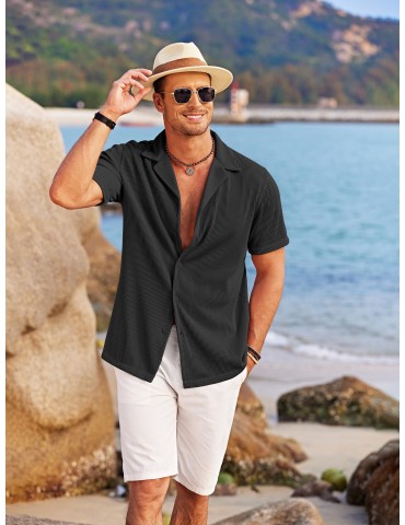 Men's Slim Fit Casual Button-Down Shirt - Short Sleeve, Solid Color, Breathable Polyester - Perfect for Beach & Summer Outings, PLUS SIZE