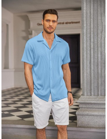 Men's Slim Fit Casual Button-Down Shirt - Short Sleeve, Solid Color, Breathable Polyester - Perfect for Beach & Summer Outings, PLUS SIZE