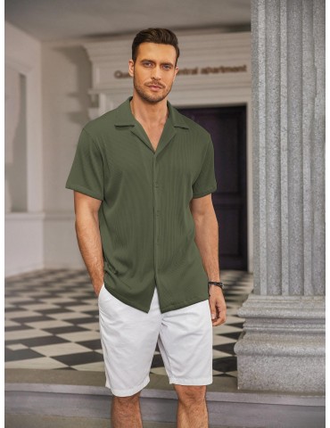 Men's Slim Fit Casual Button-Down Shirt - Short Sleeve, Solid Color, Breathable Polyester - Perfect for Beach & Summer Outings, PLUS SIZE